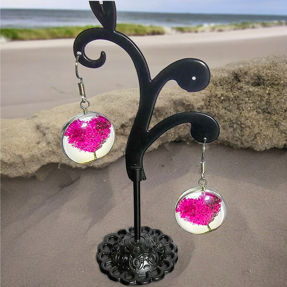 Boutique new fuchsia double sided dome Tree of Life heart earrings - Picture 6 of 6